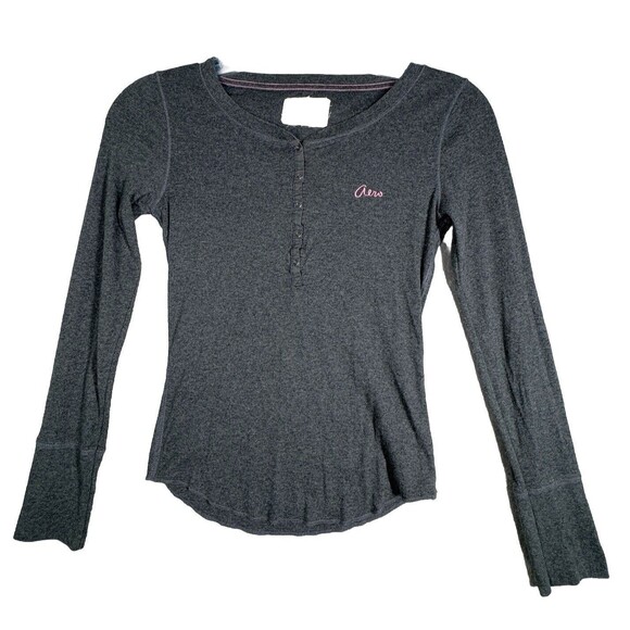 Aeropostale Shirt Juniors Large Gray Pink Logo Henley‎ Neutral Casual Bella Swan - Picture 1 of 6